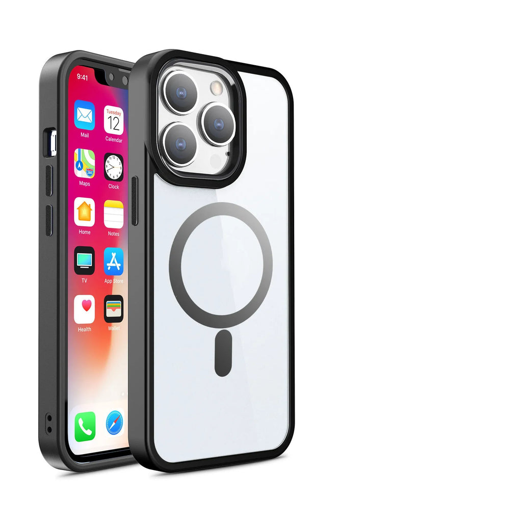 A transparent magnetic silicone phone case for iPhone on a table, shown in a solid colour option.
