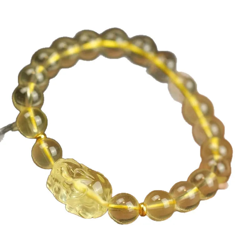 Yellow citrine Pi Xiu bracelet with artificial crystal beads on leather band