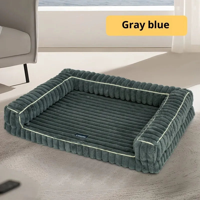 Kennel stripe dehaired angora removable pet bed with corduroy cushion in white for dogs, available in 75x50, 100x75, 120x75 cm sizes