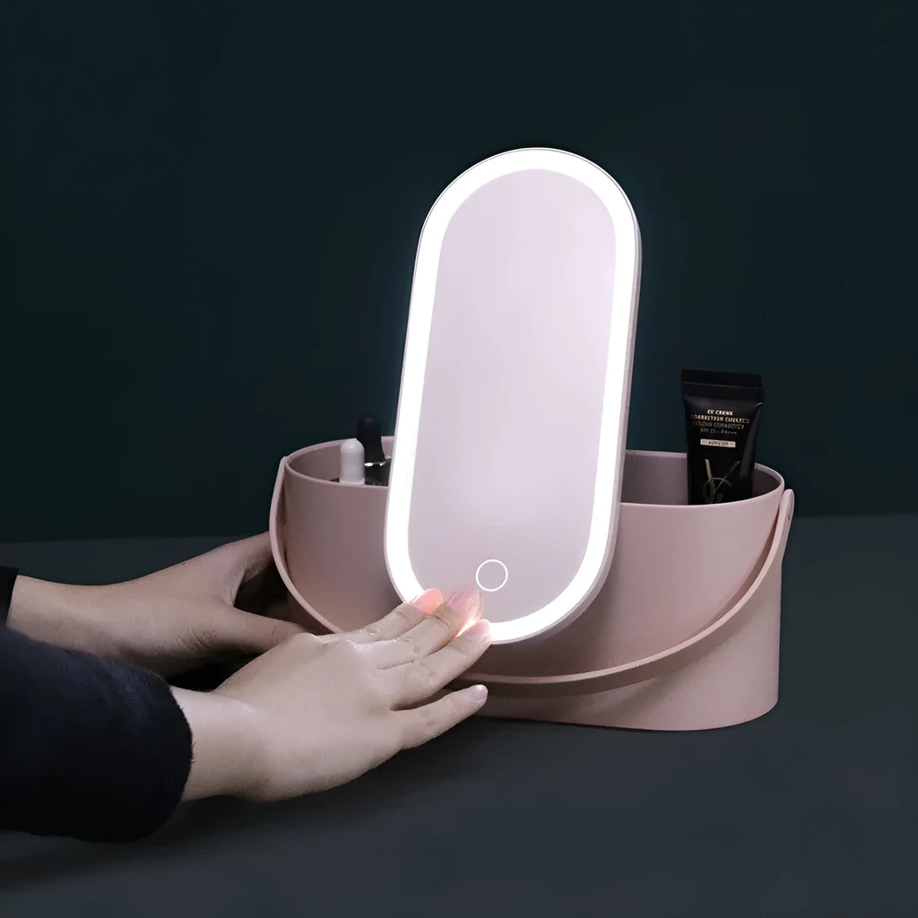 Portable LED light storage box beauty mirror with aluminium reflective surface and storage compartments