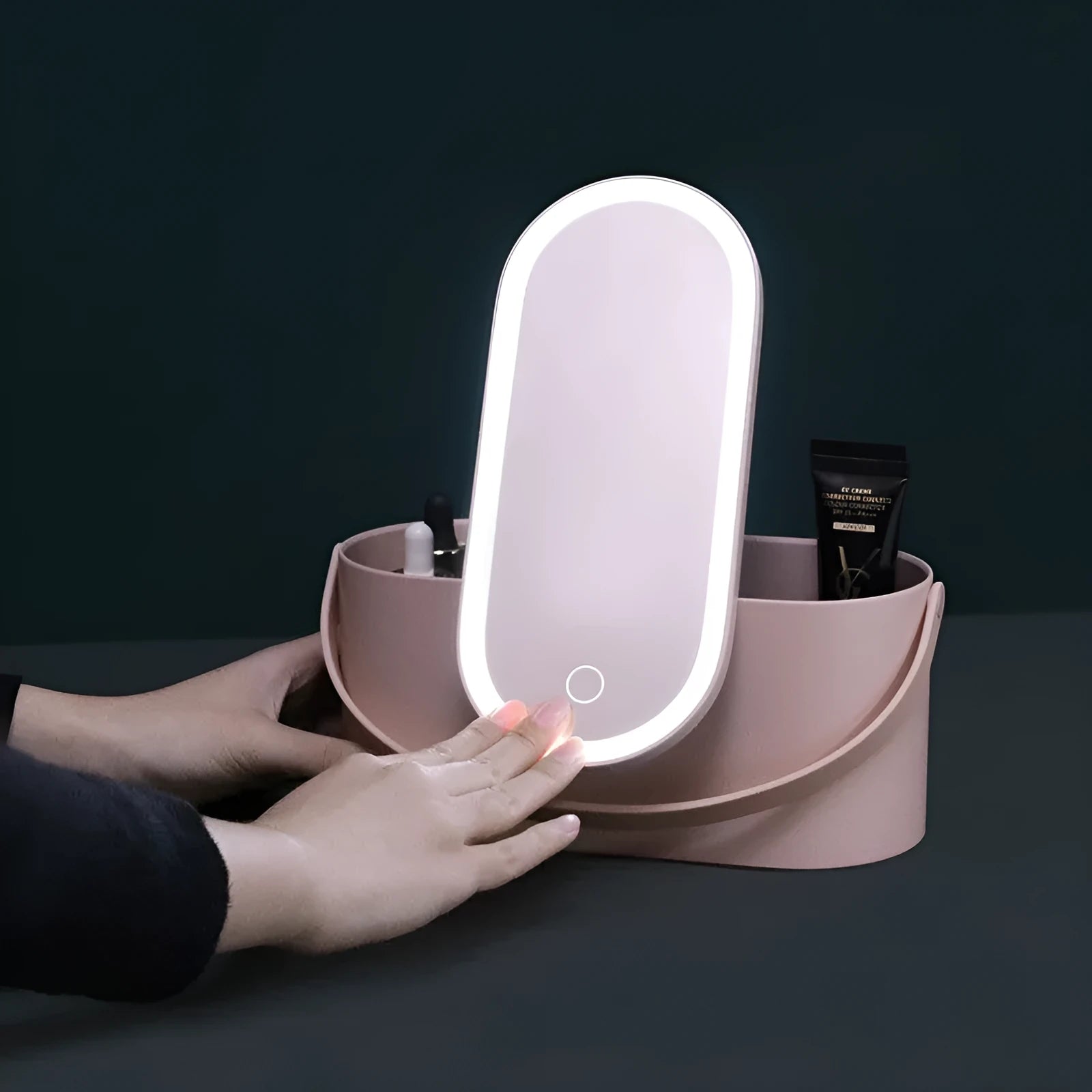 Portable LED light storage box beauty mirror with aluminium reflective surface and storage compartments