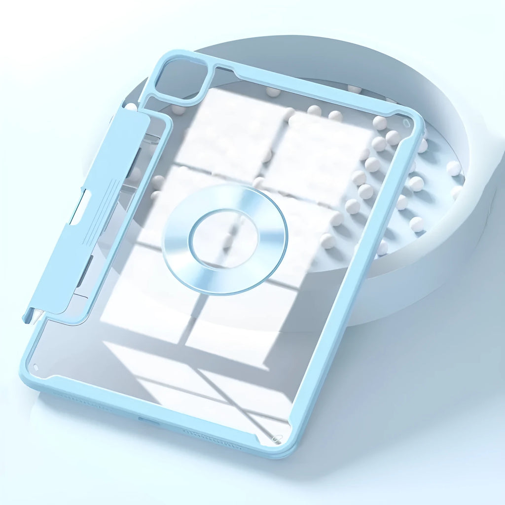 Magnetic iPad protective case in multiple colours showing retractable drawer for Apple Pencil.