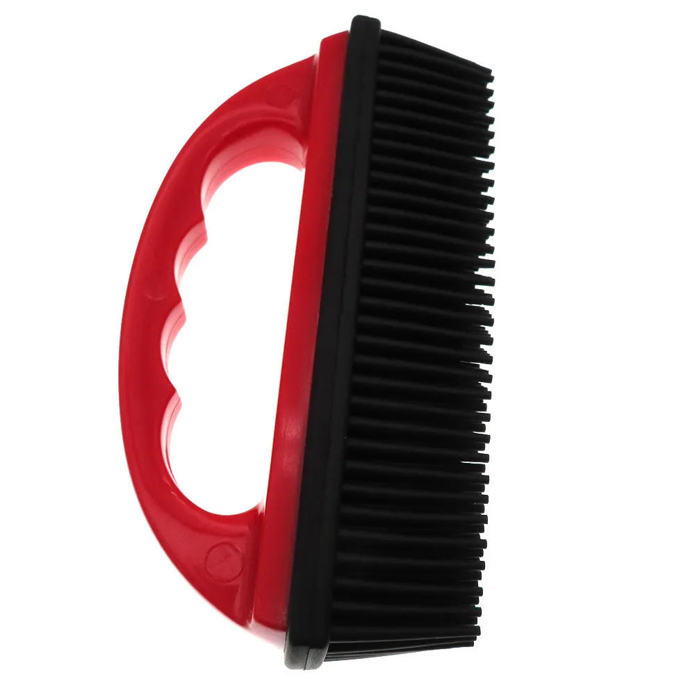 Red handled pet hair removal brush for grooming and cleaning carpets, measuring 160mm by 85mm.