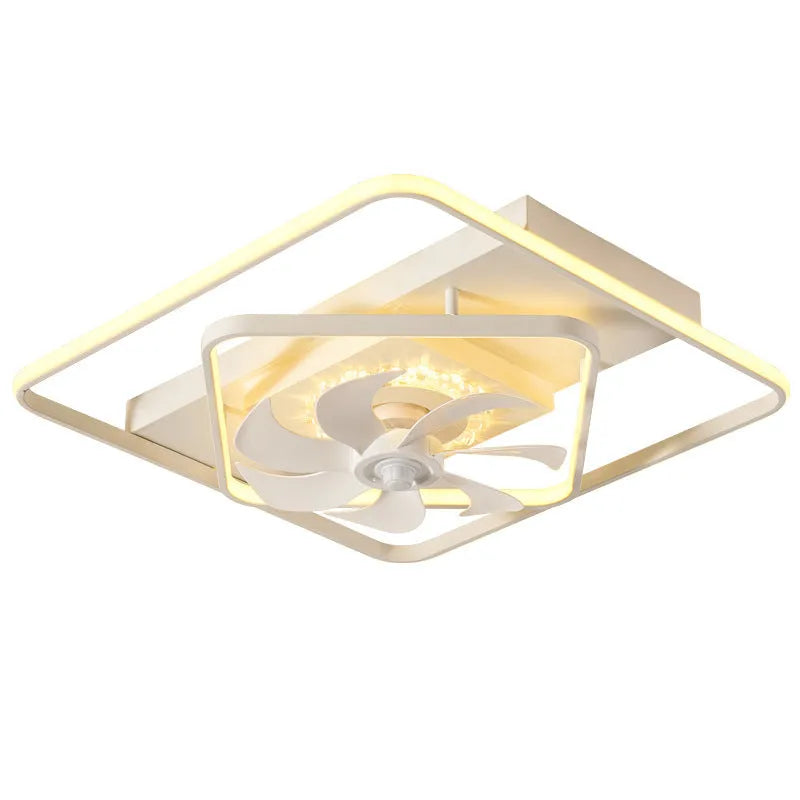 Thin modern ceiling fan lamp with light for bedroom or living room installation.