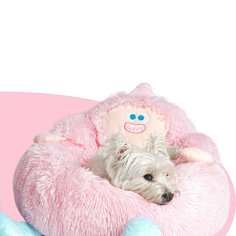 Grey plush pet nest bed for cat or dog, showing raised sofa-style edges.