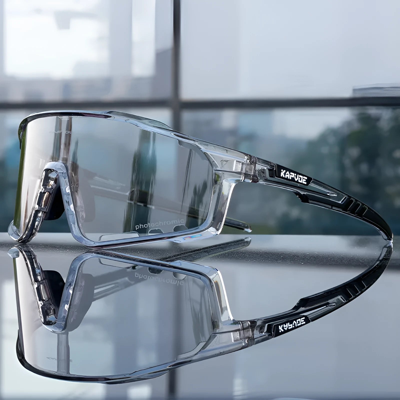 Photochromic cycling sunglasses with a semi-rimless TR90 frame shown in one of fourteen available colours.