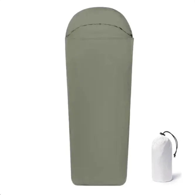 Blue and green mummy-style nylon camping sleeping bag for adults, showing packed size.