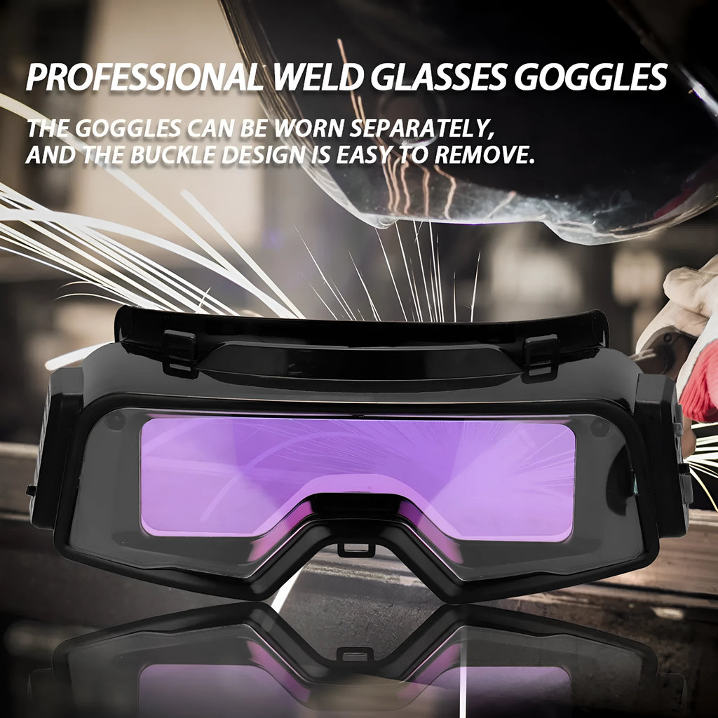 Black automatic darkening welding mask glasses with a large rectangular LCD viewing lens.
