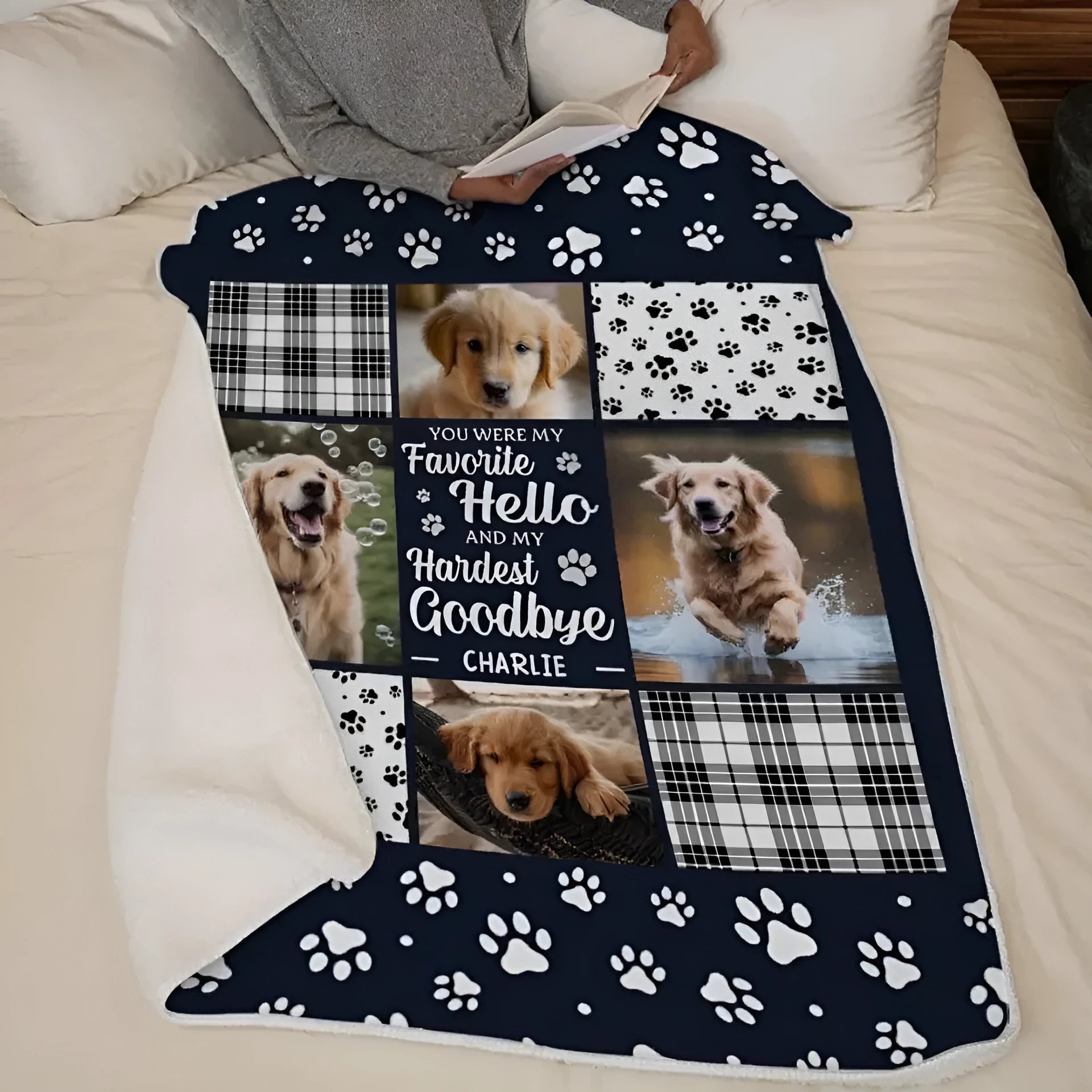White polyester flannel dog blanket laid flat, showing soft texture and available size options.