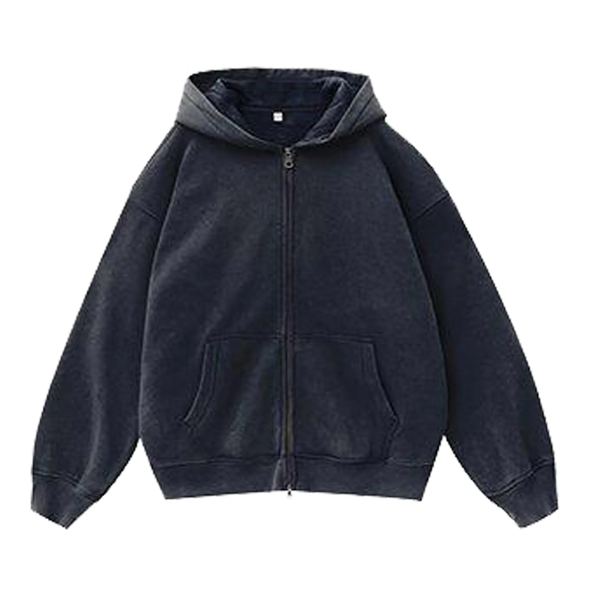 Woman's loose-fit fleece-lined cardigan sweater with a hood in a distressed colour, showing patch pockets and drop-shoulder sleeves.