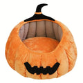 Halloween pumpkin devil design plush cat bed for cats and small dogs in orange colour