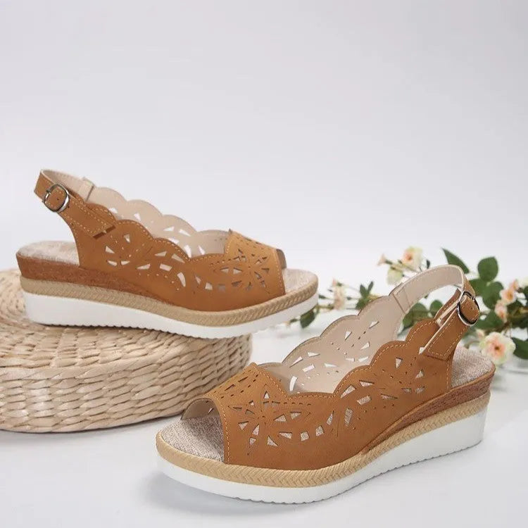 Women's fish-mouth wedge sandals in light brown with thick PU sole and buckle detail
