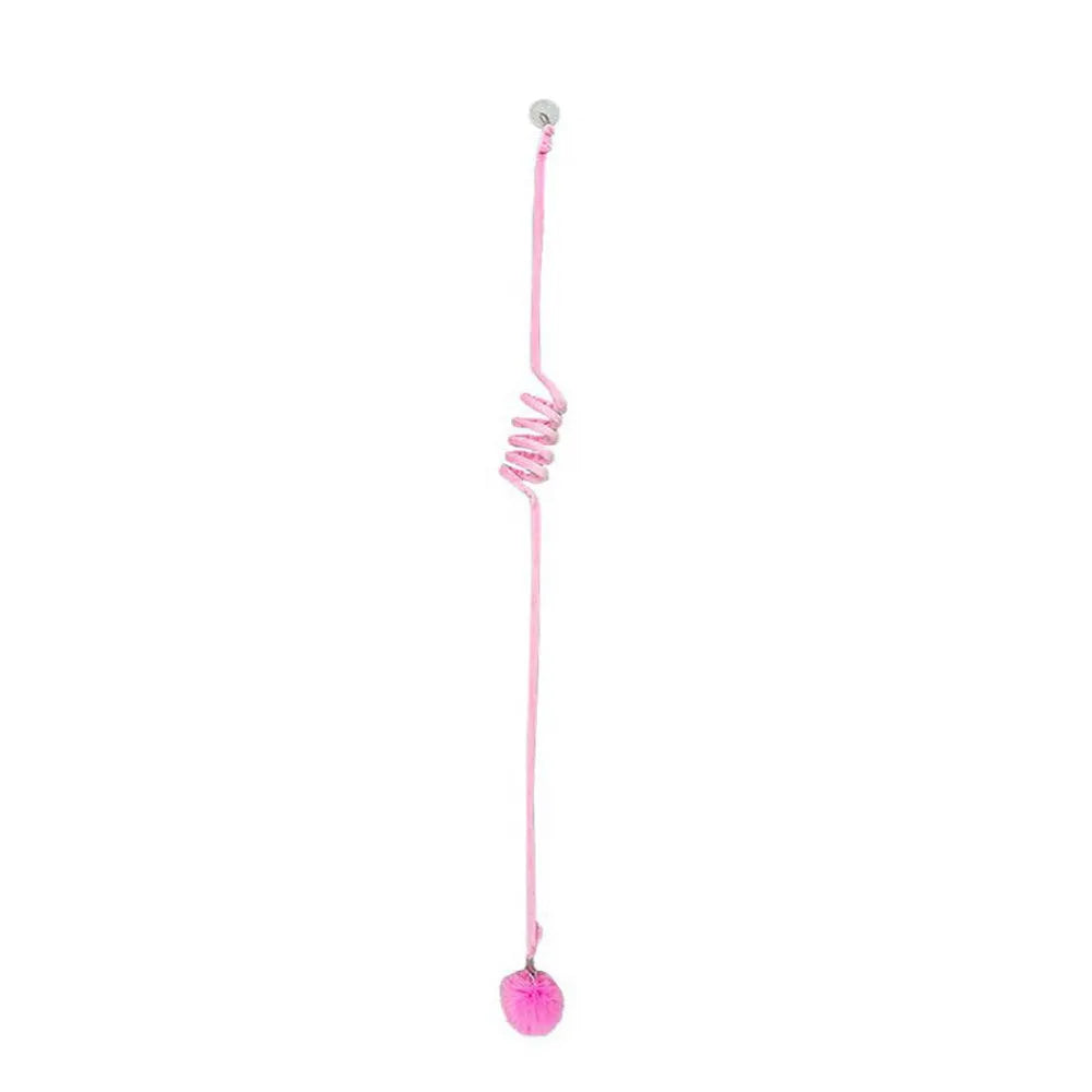 Hanging cat toy with colourful inflatable ball and bell stick mounted on door with suction cup