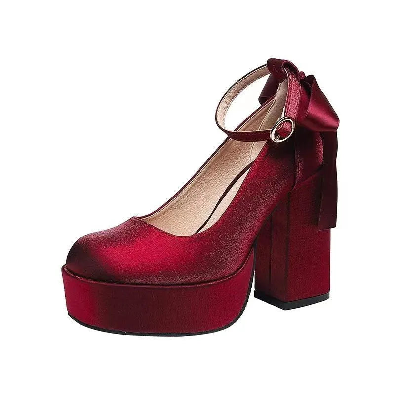 Women's beige waterproof platform wedding shoes with a thick chunky heel and buckle fastening