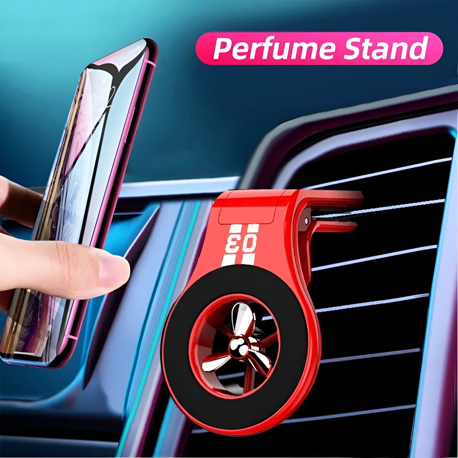 Black magnetic car phone holder with perfume slices, clipped on a car air vent