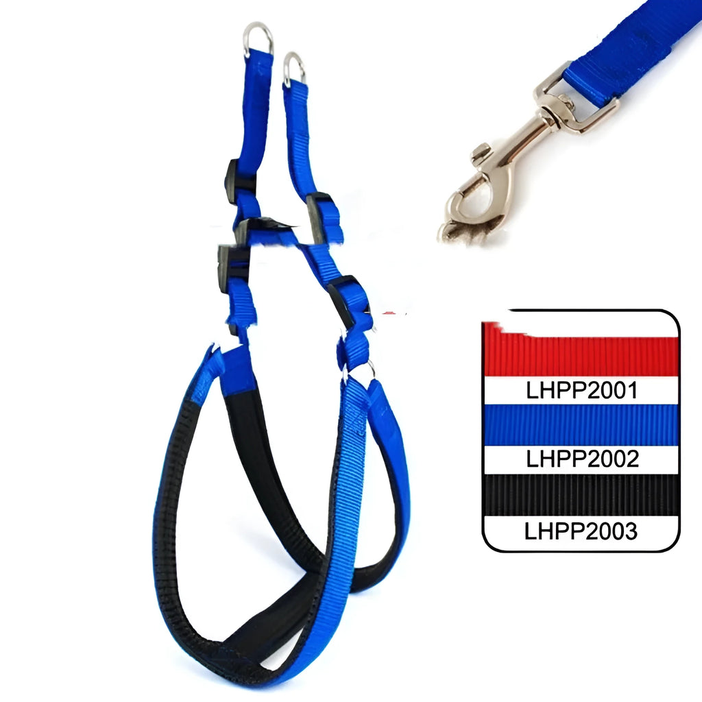 Nylon pet harness with foam lining in black, blue or red colours with chest strap