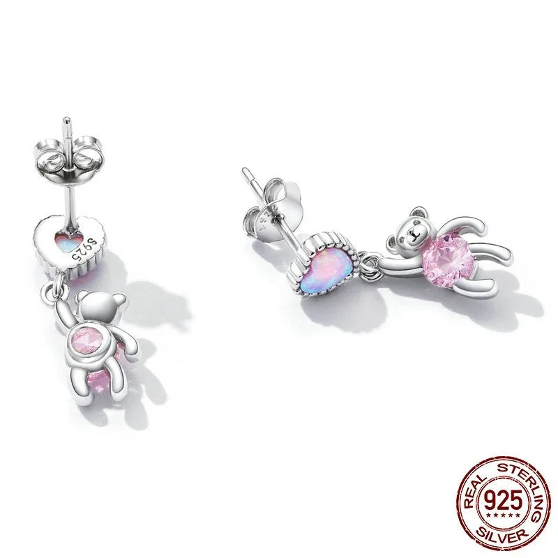 Love bear ear studs made of S925 silver, 1.8cm height, 0.6cm width, niche design for women
