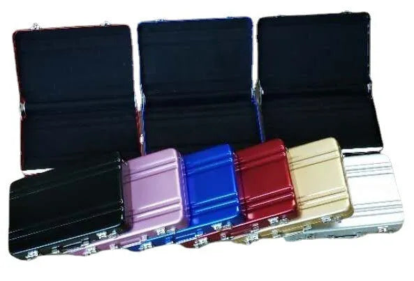Slim aluminium alloy card holder in six colour options showing its compact size.
