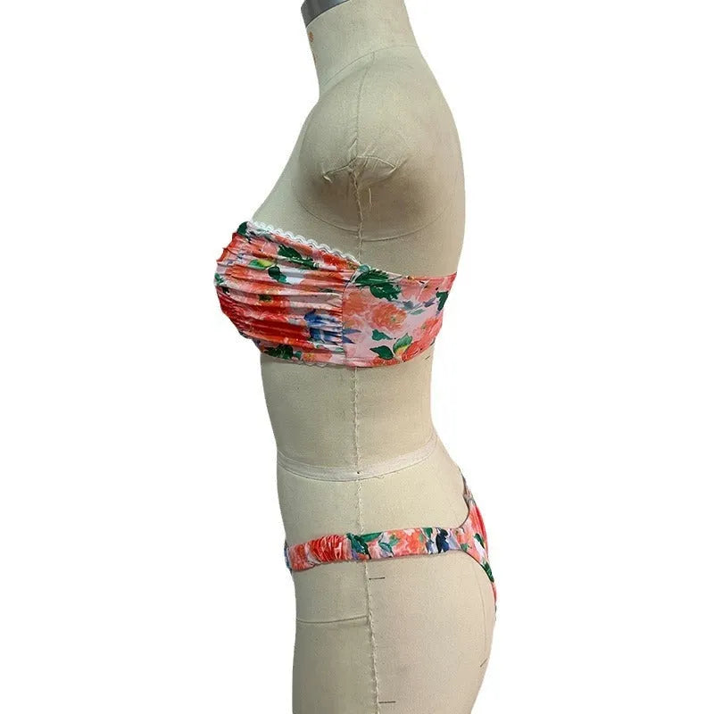 Floral print polyester bikini set with tube top and lace briefs in multiple colour options