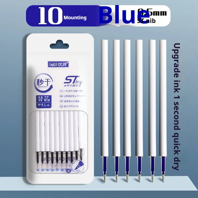Pack of 10 quick-dry bullet pen refills showing black, red, blue, and ink blue ink colours.
