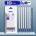 Pack of 10 quick-dry bullet pen refills showing black, red, blue, and ink blue ink colours.