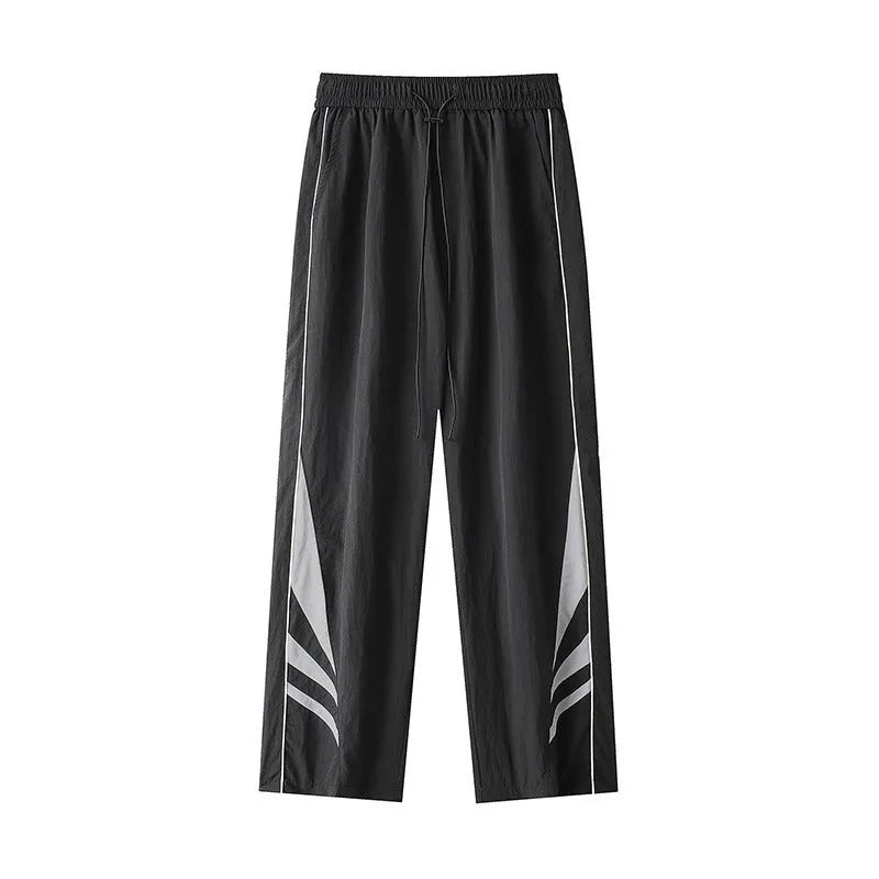 Men's straight leg casual sports trousers in black or grey with elastic waist