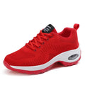 Red women's low-top mesh sneakers with front laces and a round toe on a flat PU sole.