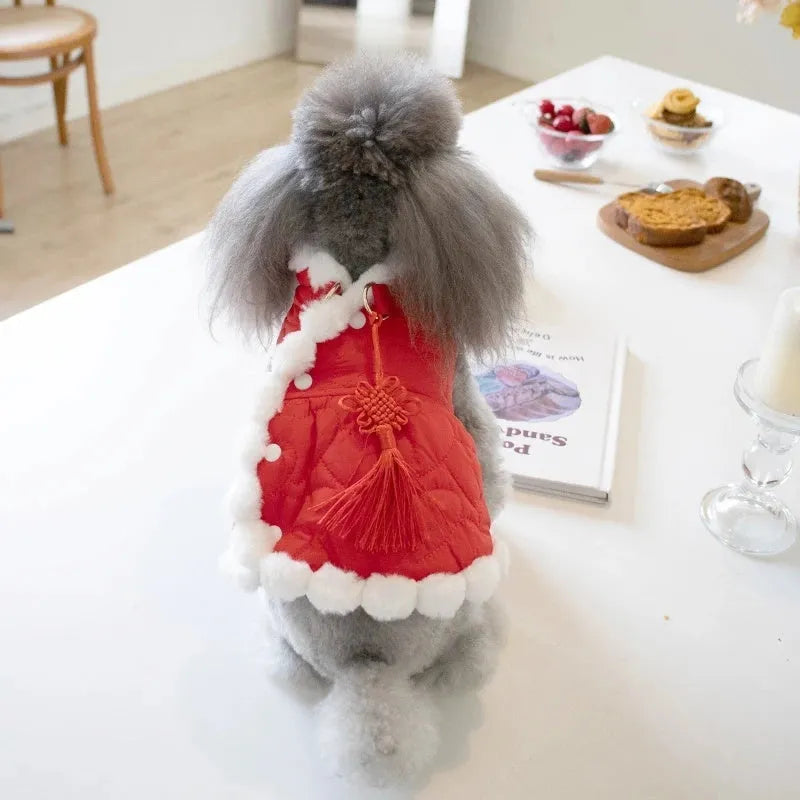 Red cotton dog jumper with Chinese knot design for festive pet clothing