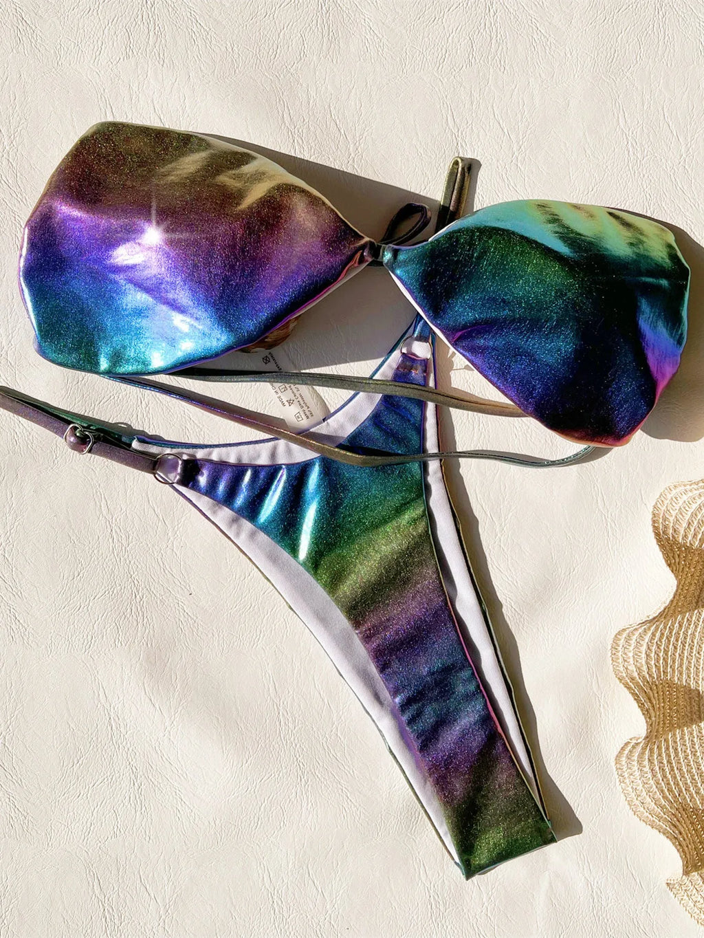 Women's gradient purple polyester bikini swimsuit set on a white background