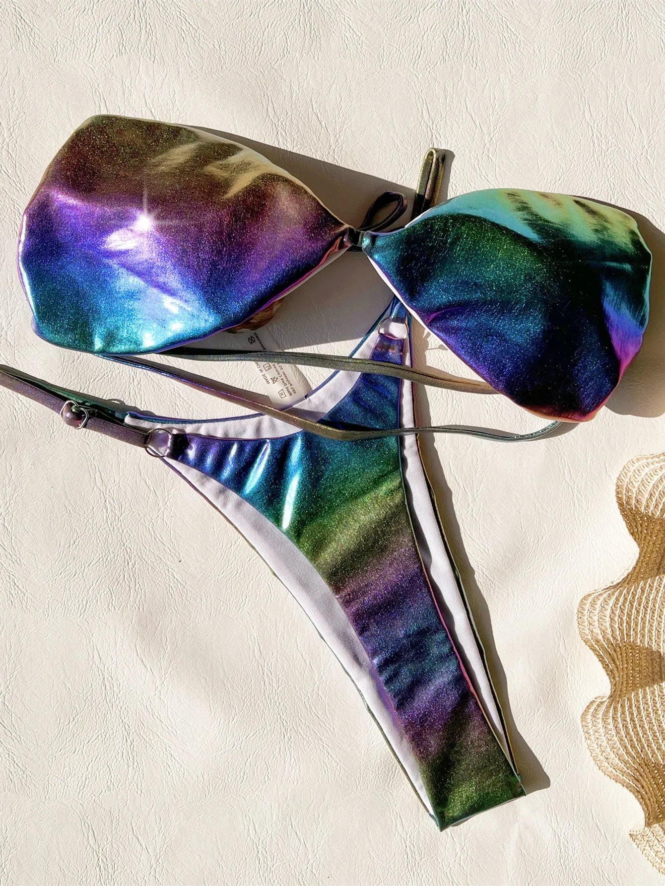 Women's gradient purple polyester bikini swimsuit set on a white background