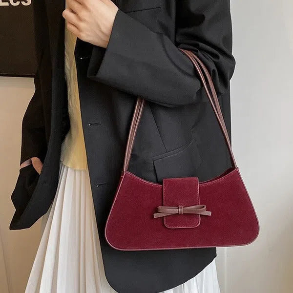 Women's retro PU leather horizontal rectangular shoulder bag with bow tie detail, available in Brown, Coffee, Anco Red, Black, 28x6.5x14cm