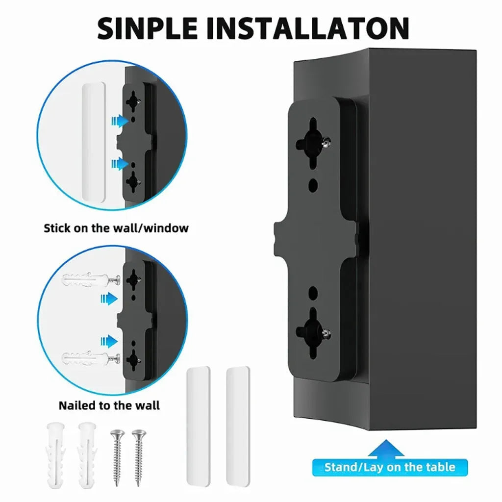 Black plastic indoor digital television antenna with mounting screws and fittings on a white background.