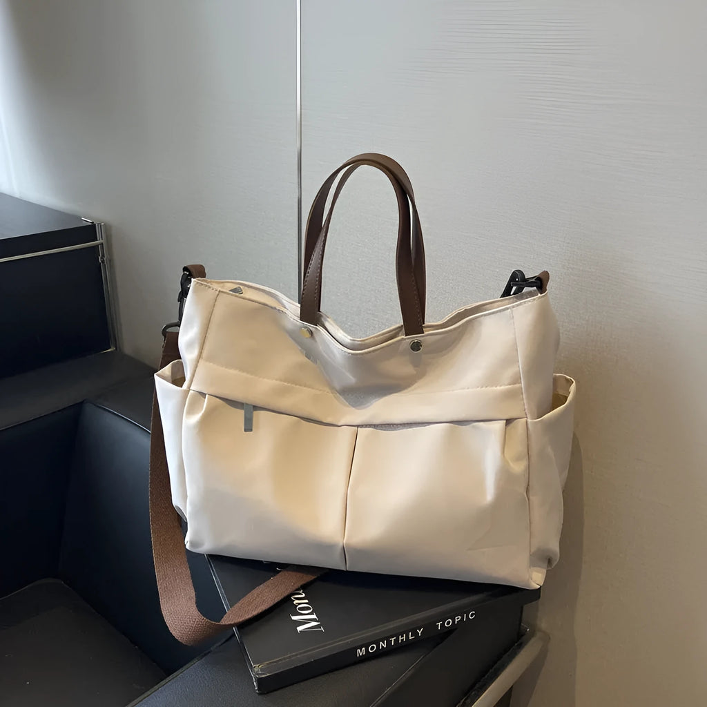 Nylon crossbody tote bag for women in black, grey, white, or green, showing 39x14x28 cm dimensions