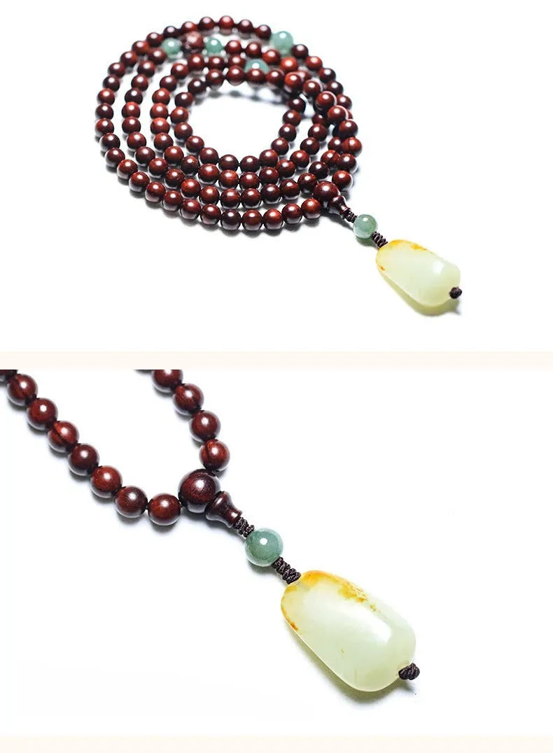 Rosewood bead bracelet with carved Hotian Jade pendant in national style design