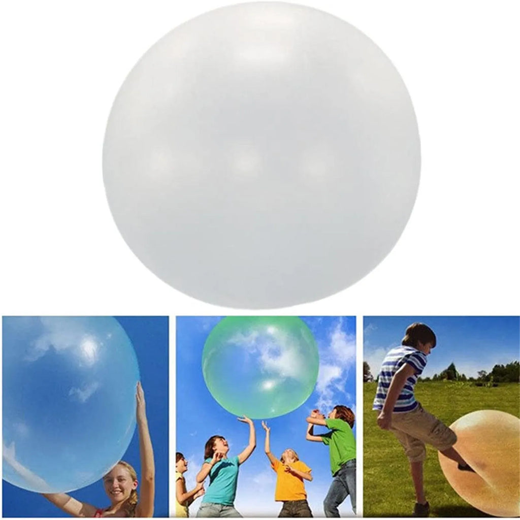 Large pink inflatable bubble ball on grass, showing its size and smooth TPR surface.