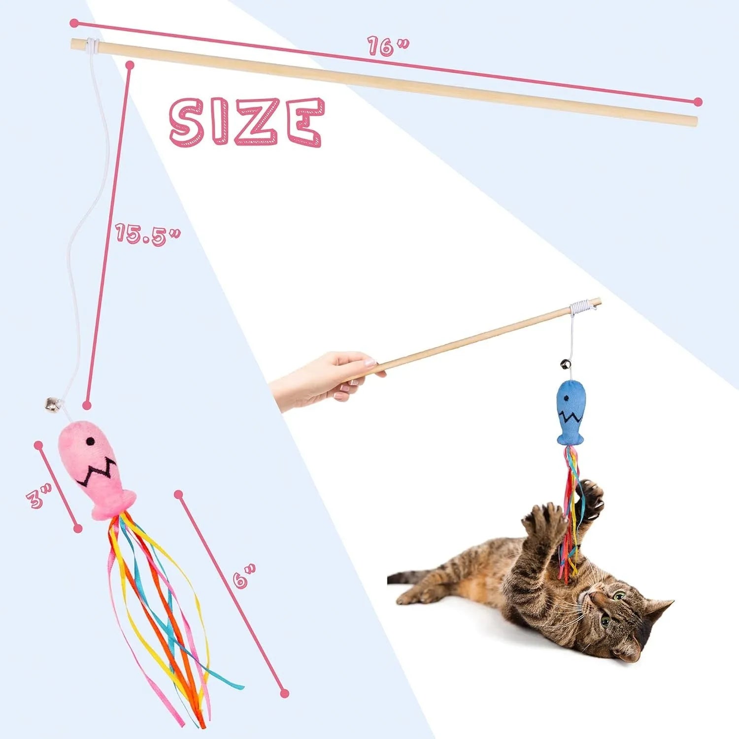 Colourful cat wand toy with ribbons, bell, and catnip fish on a wooden handle