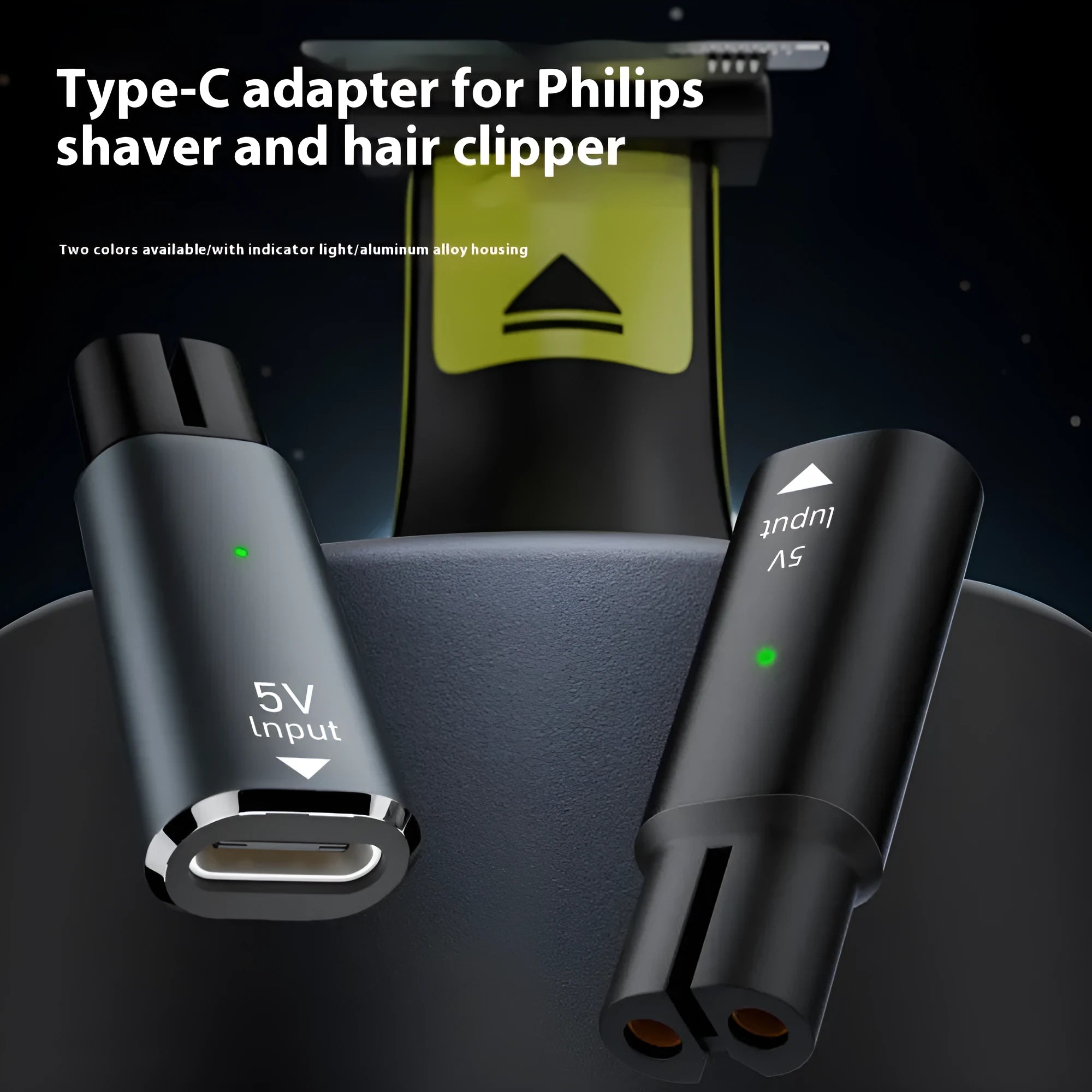 Black and grey aluminium USB-C charging adapter for electric shavers with 4.3V 8W output.