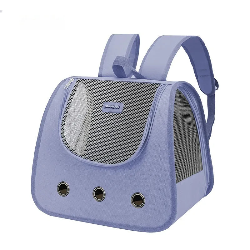 Khaki coloured Oxford fabric cat carrier backpack shown from the side, with ventilation panels and backpack straps.