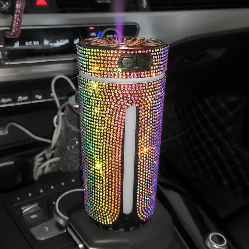 Colourful diamond-style car humidifier with LED lights on a car dashboard