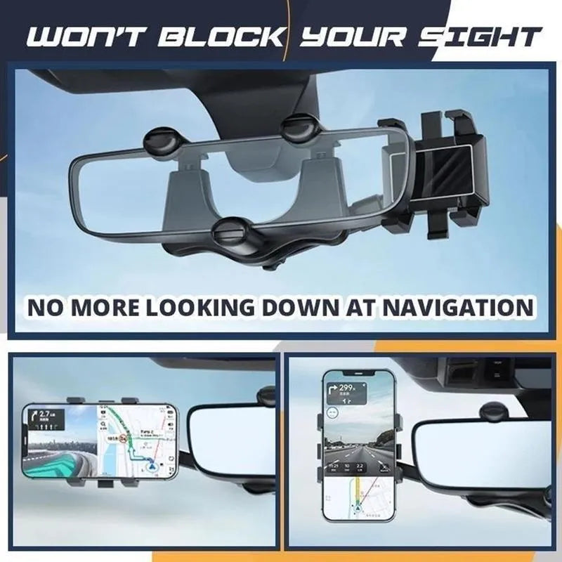 Black rearview mirror car phone holder with rotating head and telescopic arm extended.