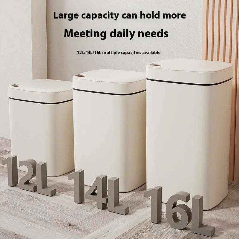 Square intelligent automatic sensor dustbin with induction opening lid in milky white