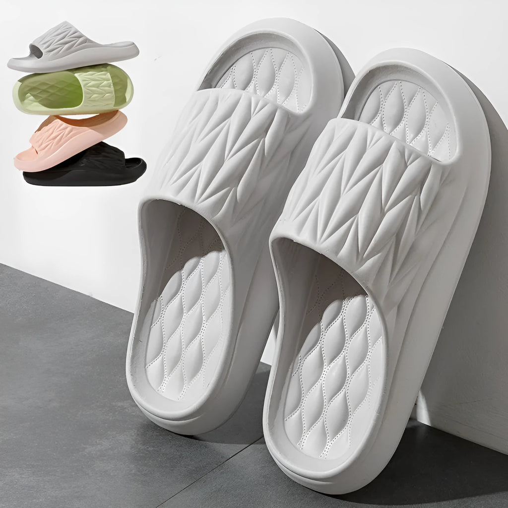 Leaf texture design EVA slippers for men and women in various colours on a non-slip sole.