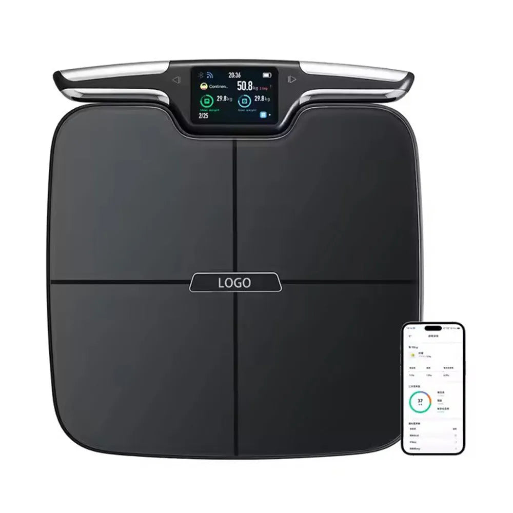 Black eight-electrode body fat weighing scale on a hard floor