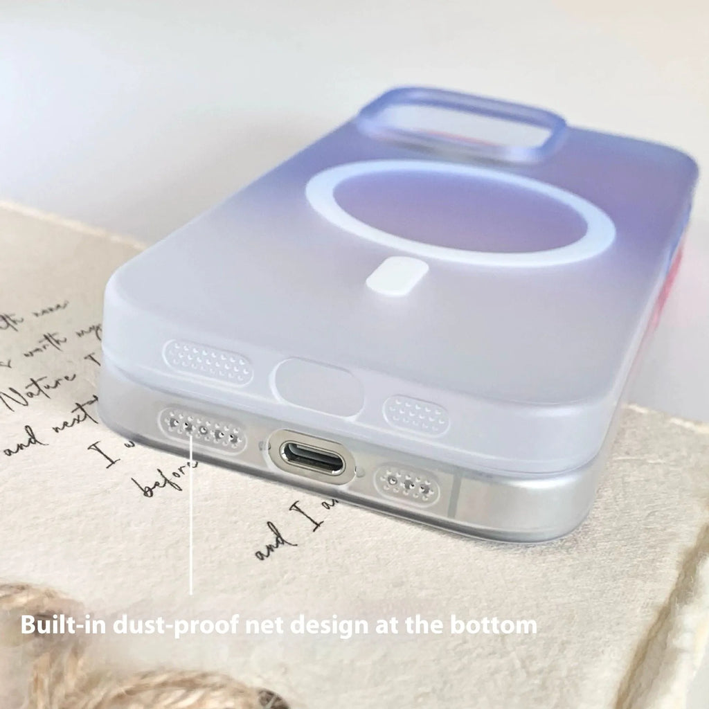 Gradient frosted magnetic suction case for iPhone on a table, showing ultra-thin profile and colour blend.
