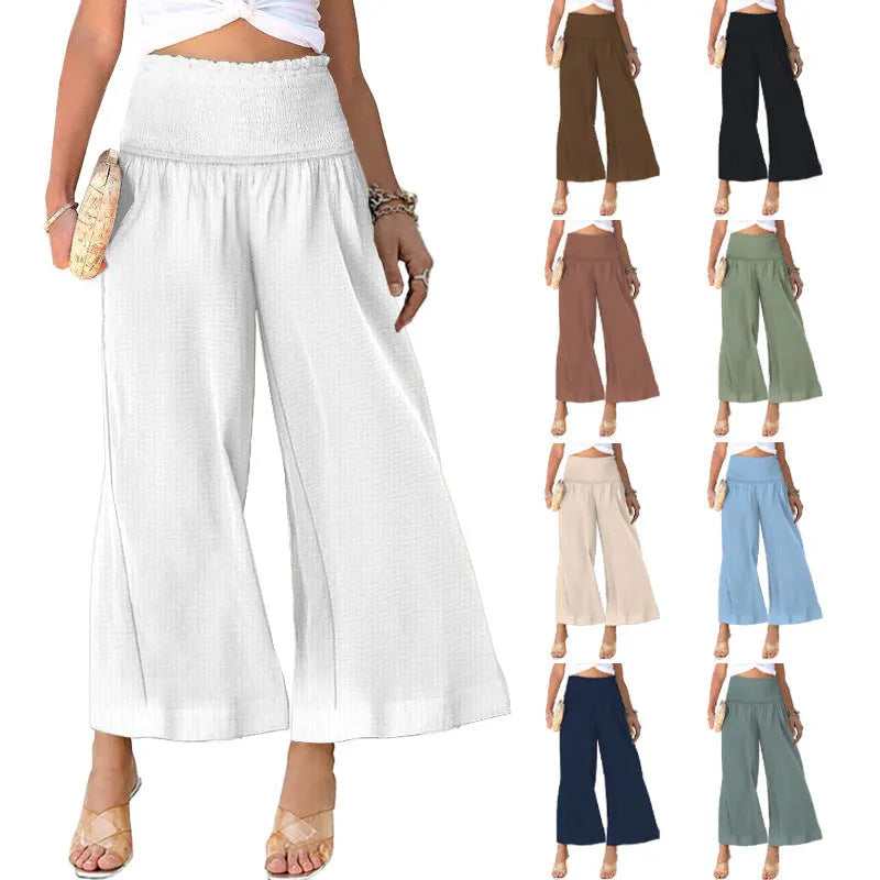 Women's high-waist pleated cotton trousers in cropped straight-leg style