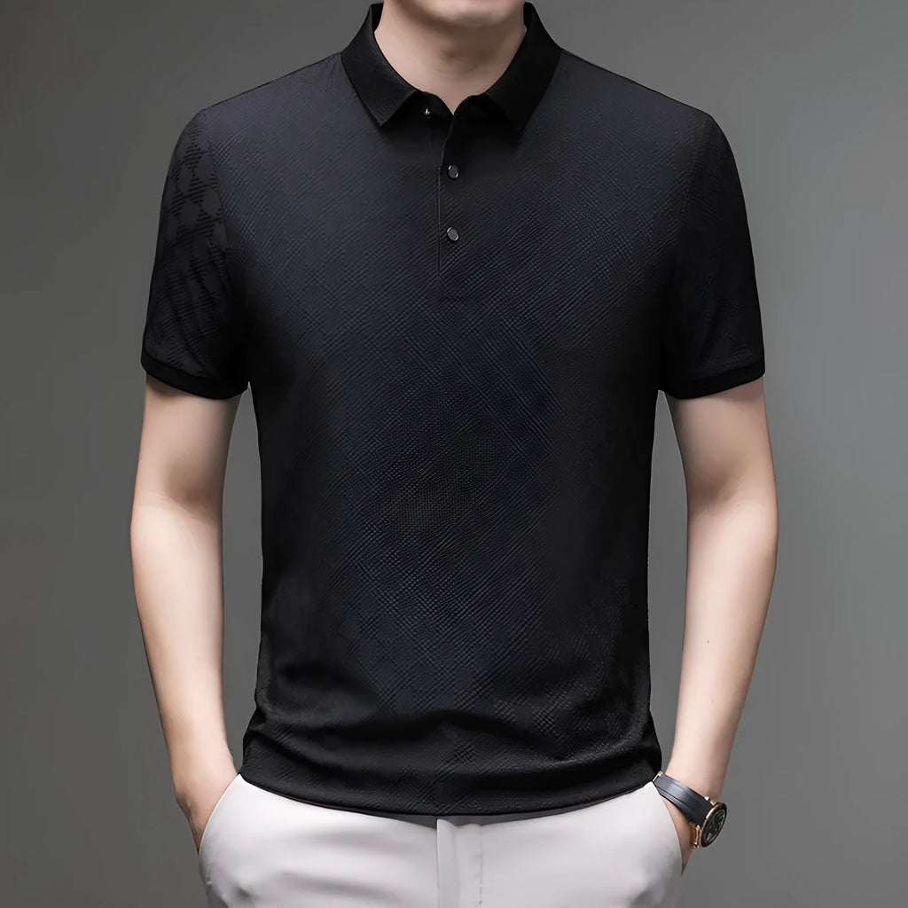 Rhombus brand thin ice silk short sleeve t-shirt in black with a slit design detail.