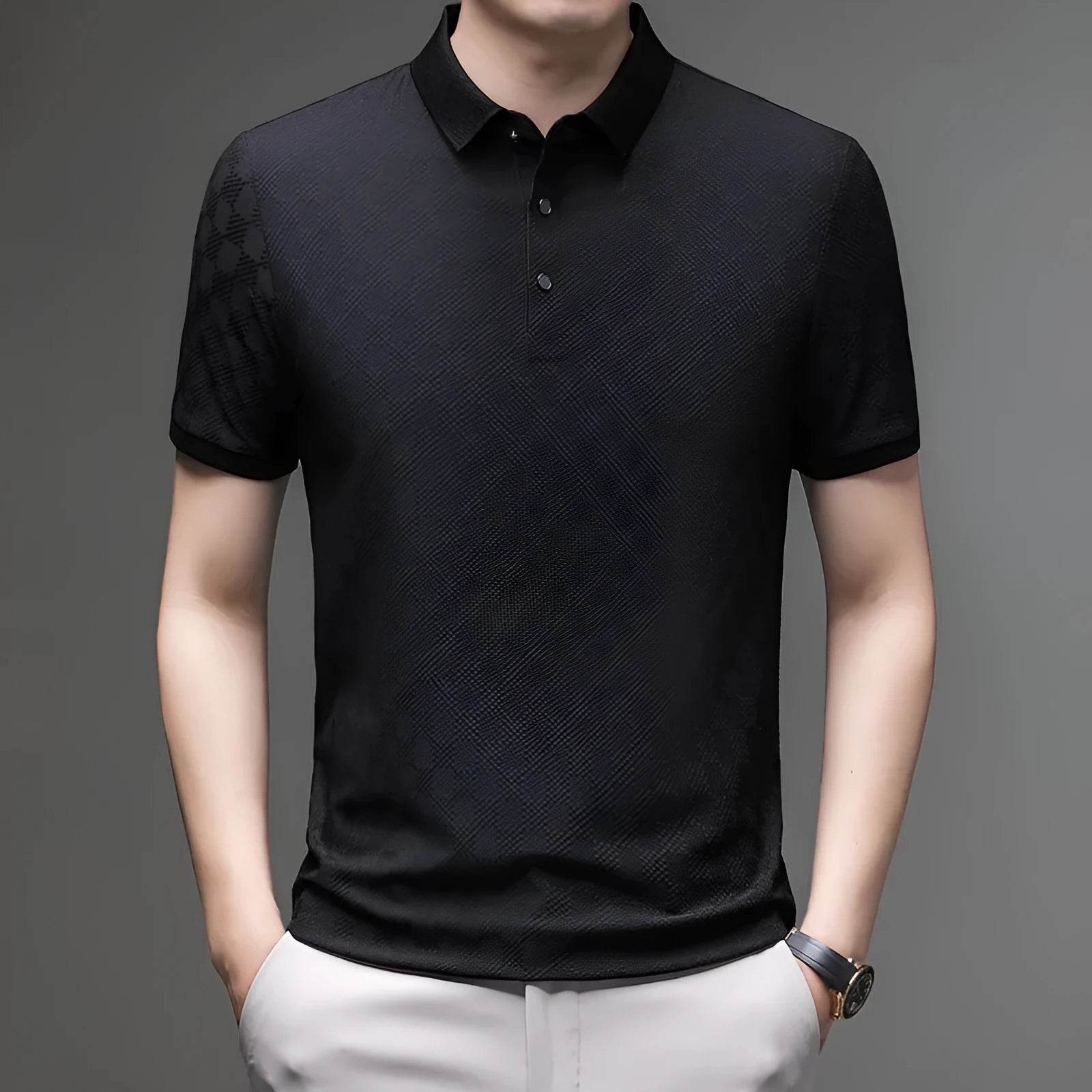 Rhombus brand thin ice silk short sleeve t-shirt in black with a slit design detail.