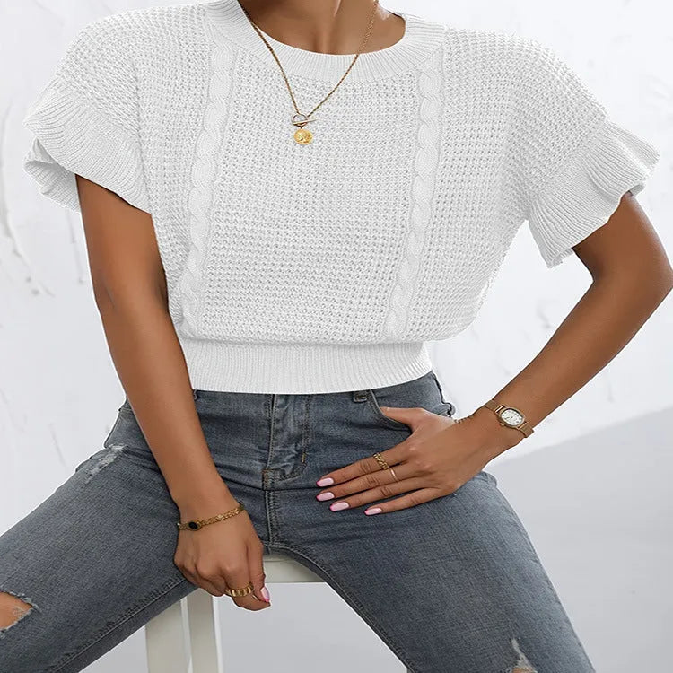 Twisted string design knitted pullover sweater with ruffle short sleeves in loose Japanese Korean casual style