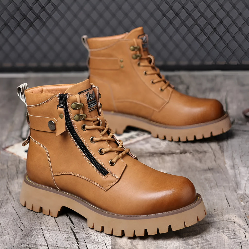 Men's brown leather Martin boots with side zipper, mid-heel, and non-slip rubber soles
