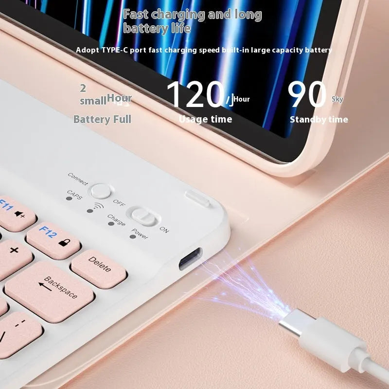 Bluetooth keyboard for tablet in multiple colour options including white, green, pink, and lavender.